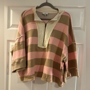 Slight Cropped Pink and Tan Quarter-Zip Sweatshirt with Pockets